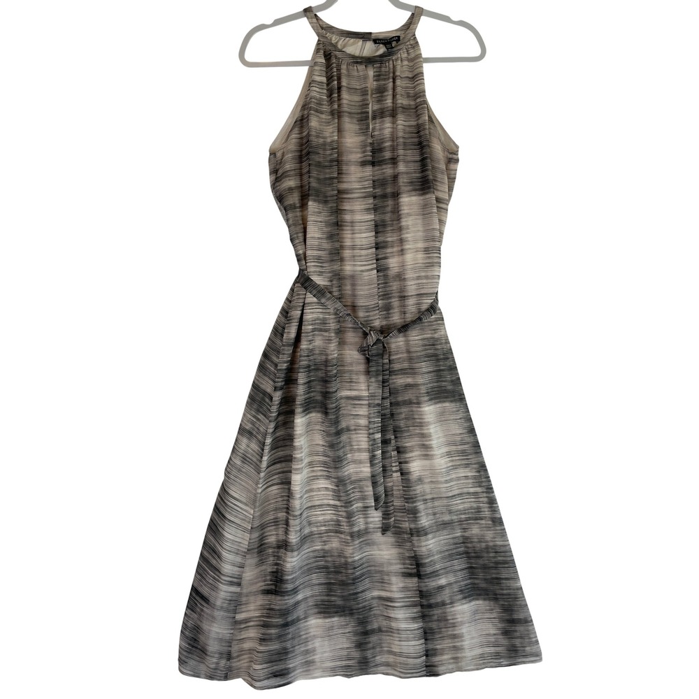 Eileen Fisher XS Silk Halter Midi Dress Sleeveless Gray Striped Belted